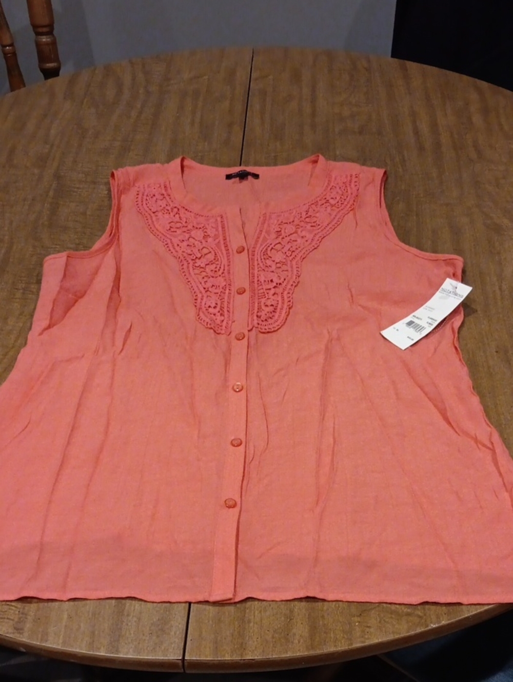 Notations Coral Sleeveless Button-Down Lace Yoke Top